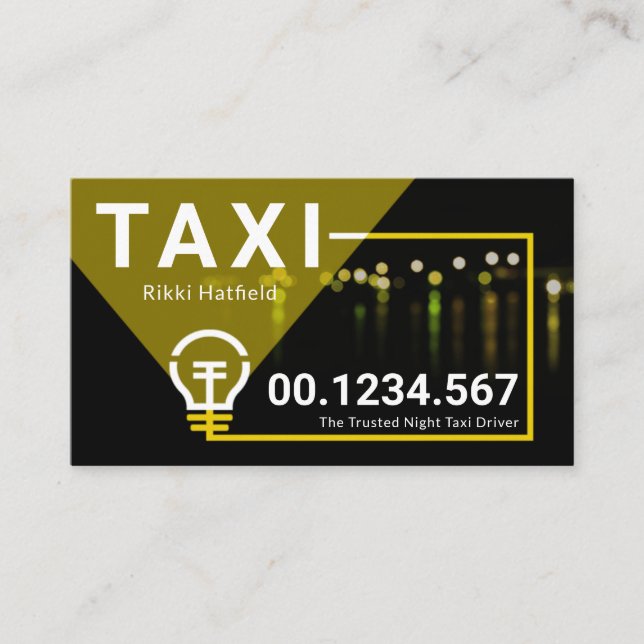 City Lights Bulb Shining On Taxi Service Business Card (Front)