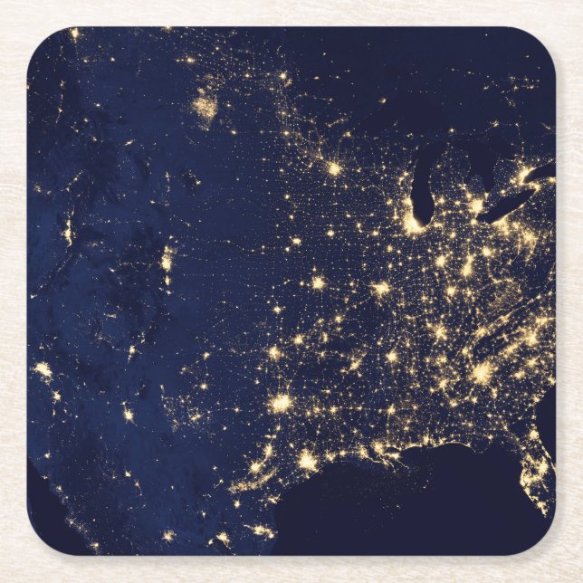 City Lights Of The United States At Night. Square Paper Coaster (Front)