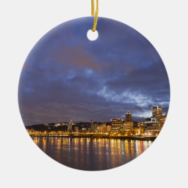 City lights reflected in the Willamette river Ceramic Tree Decoration (Front)