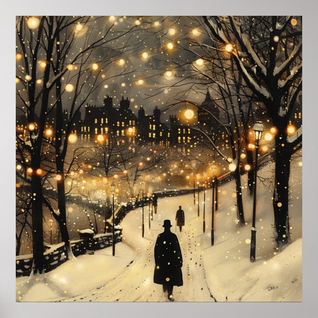 City Lights Winter Men in Black on Sidewalk  Poster (Front)