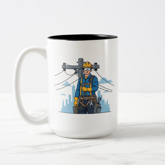 City Lineman Hero Portrait | Electrical Utility Two-Tone Coffee Mug (Left)