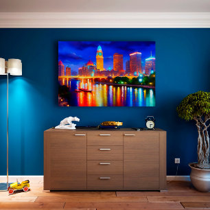 city neon river skyscraper bright colourful art canvas print