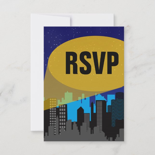 City Night Skyline Superhero Boys Birthday Party RSVP Card (Front)