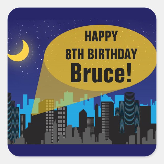 City Night Skyline Superhero Boys Birthday Party Square Sticker (Front)