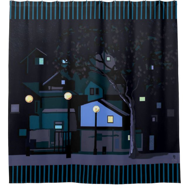 City nights street lights and houses shower curtain (Front)