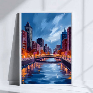 City Nights Watercolor Painting Art Poster