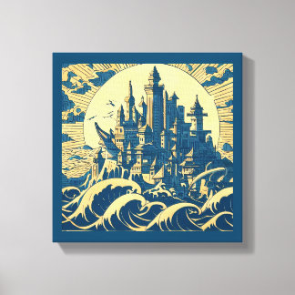 City of Atlantis 3 - Woodblock Style Canvas Print