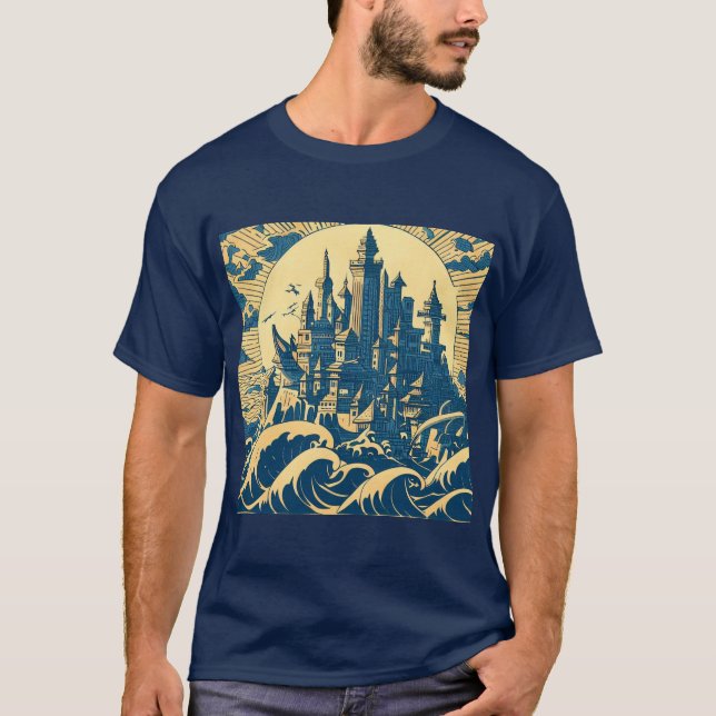City of Atlantis 3 - Woodblock Style T-Shirt (Front)