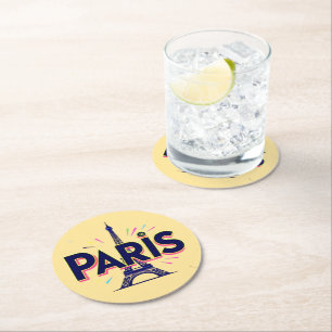 City of Lights: Bold Paris Typography Art Round Paper Coaster