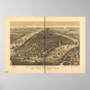 City of  New York 1886 Antique Panoramic Map Poster