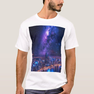 City of Stars: Futuristic Skyline Under a Galactic T-Shirt