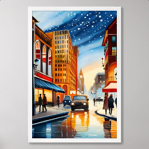 city painting colourful light night winter snow ca poster
