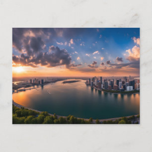 City panorama in sunset postcard