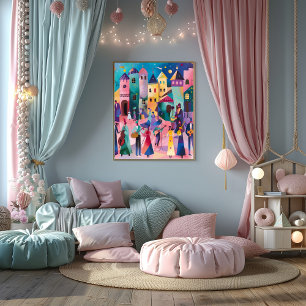 City Party: Folk Landscape and Colorful Naive Poster