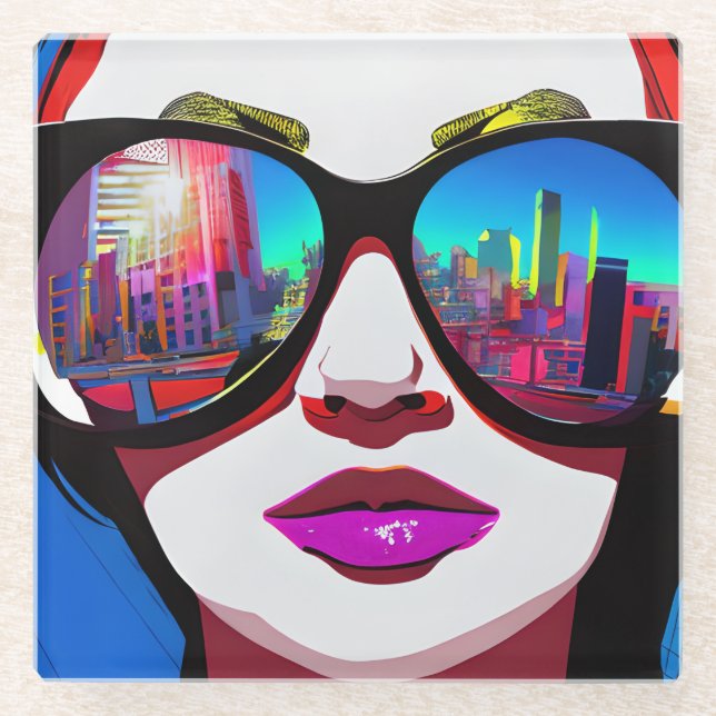 City Reflection in Sunglasses Woman Glass Coaster (Front)