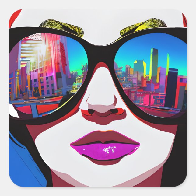 City Reflection in Sunglasses Woman Square Sticker (Front)