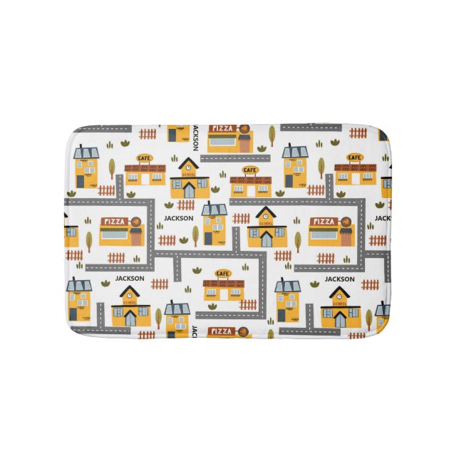 City Road Map Pattern for Kids Yellow and Grey Bath Mat (Front)