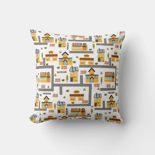 City Road Map Pattern for Kids Yellow and Grey Cushion