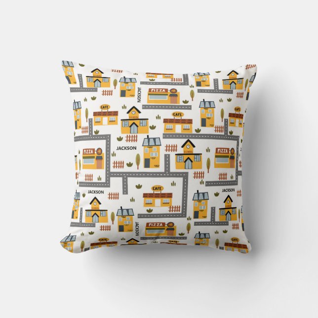 City Road Map Pattern for Kids Yellow and Grey Cushion (Front)