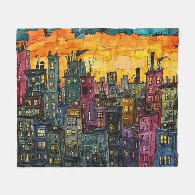 City Scape at Sunset - Vibrant Urban Art Fleece Blanket (Front (Horizontal))