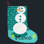 City Sidewalk Snowman Christmas Stocking<br><div class="desc">This customisable City Sidewalk Snowman Christmas Stocking features a turquoise background and teal brickwork. There is a cheerful three tier snowman (not the squatty 2 tier snowman) standing in front of the brick wall. He has a long carrot nose because we didn't cut corners by giving him one of those...</div>