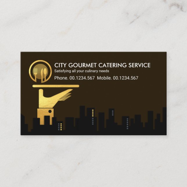City Silhouette Gold Waiter Hand Business Card (Front)