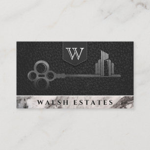 City Skeleton Key   Leather Marble   Monogram Business Card