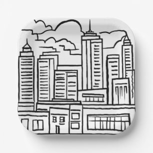 City Skyline Black & White Drawing Paper Plate