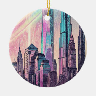 City Skyline Holographic Glitch Art Poster Ceramic Tree Decoration