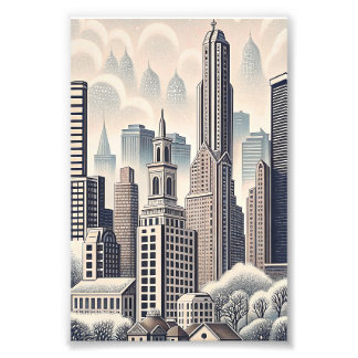 City Skyline Ink Sketch Blank Greeting Card Photo Print