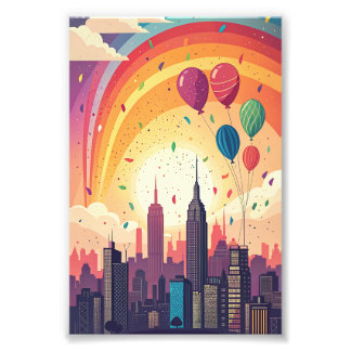 City Skyline Sunset Birthday Card Photo Print
