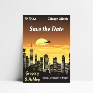 City Skyline Sunset Retro Wedding Save The Date