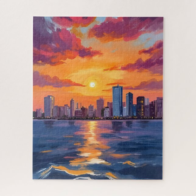 City Skyline Sunset Watercolor Art Jigsaw Puzzle (Vertical)