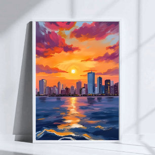 City Skyline Sunset Watercolor Art Poster