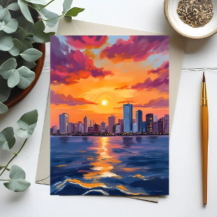 City Skyline Sunset Watercolor Postcard
