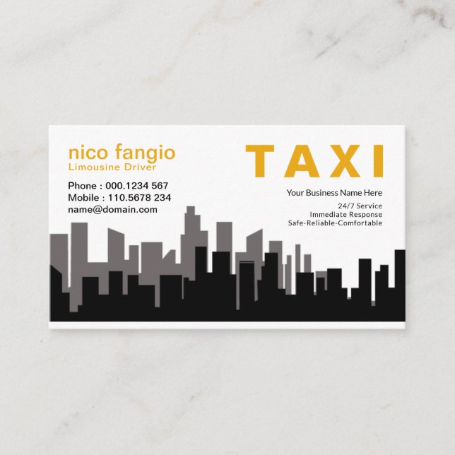 City Skyline Twilight Silhouette Taxi Service Business Card (Front)