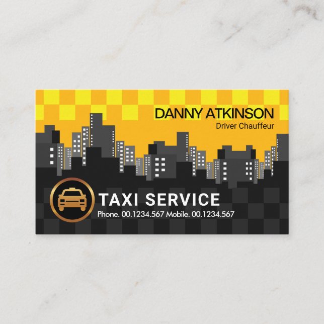 City Skyline Yellow Taxi Check Box Cab Driver Business Card (Front)