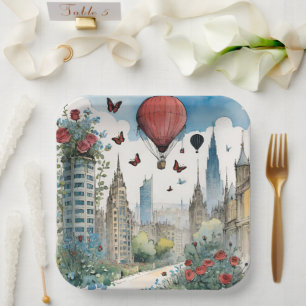 City Skyling Roses Butterflies And Hot Air Balloon Paper Plate