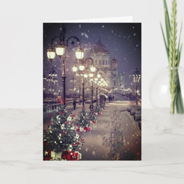 City, snow, lights, all lite up by street lights.. thank you card (Front)