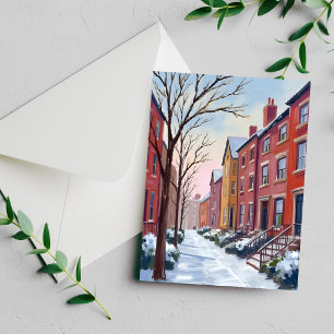 City Snowfall   Winter Watercolor Painting Card