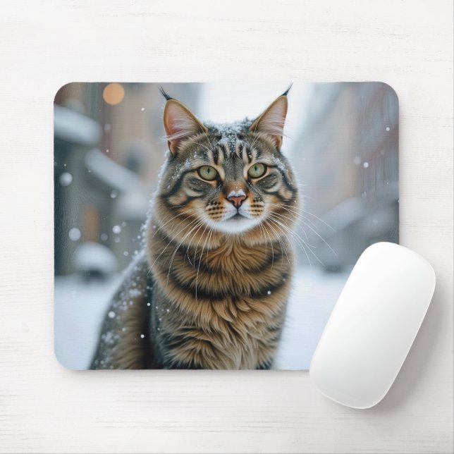 City Street Cat In Snow Mouse Mat (With Mouse)