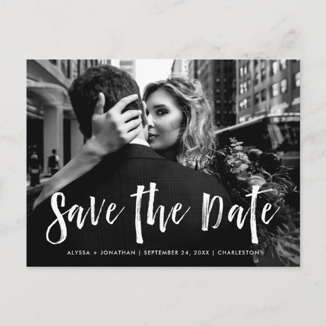 City Style | White Script and Photo Save the Date Invitation Postcard (Front)