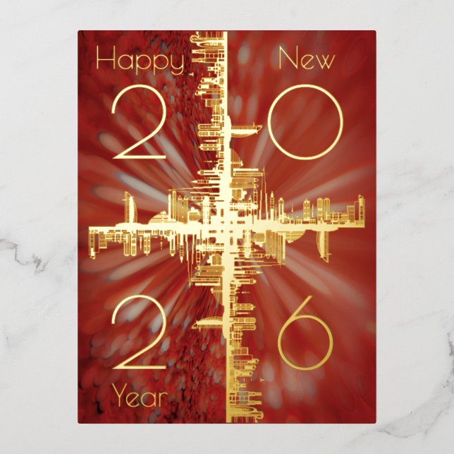 City symmetry - gold - happy new year 20xx foil holiday postcard (Front)