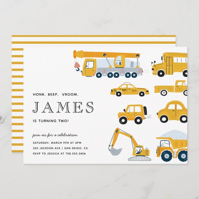 City Transportation Boy Yellow Second Birthday Invitation (Front/Back)