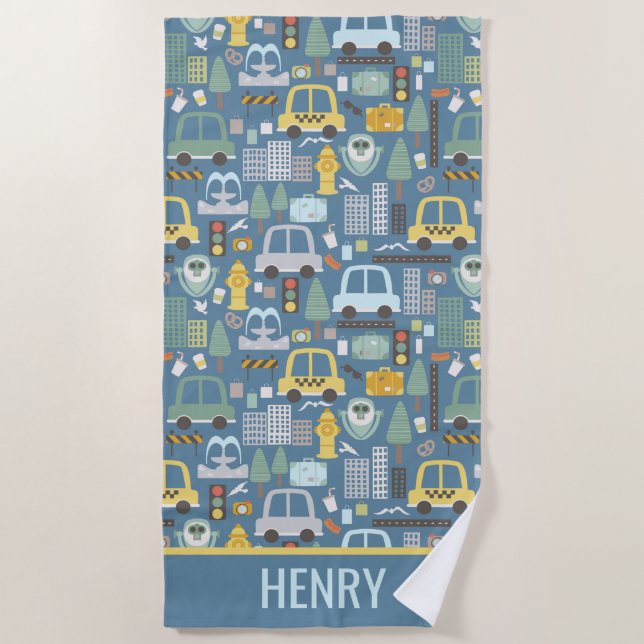 City Transportation Kids Personalised Beach Towel (Front)