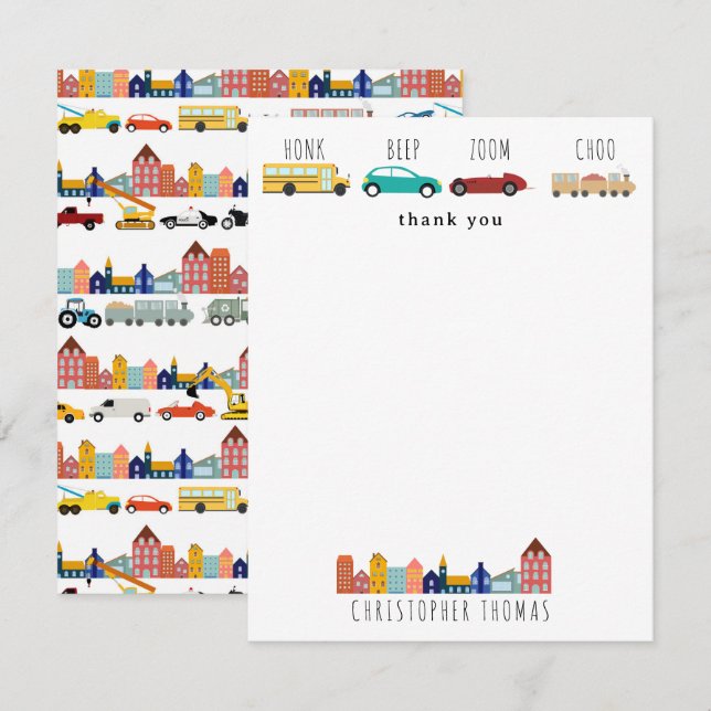 City Transportation Vehicles Trucks Cars Kids Thank You Card (Front/Back)