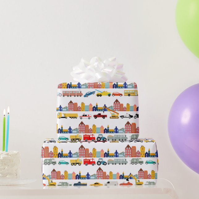 City Transportation Vehicles Trucks Cars Kids Wrapping Paper (Party Gifts)