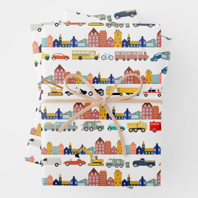 City Transportation Vehicles Trucks Cars Kids Wrapping Paper Sheet (In situ)