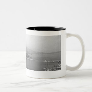 Cityscape at harbour B&W elevated view Two-Tone Coffee Mug