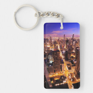 Cityscape at night of Chicago Key Ring